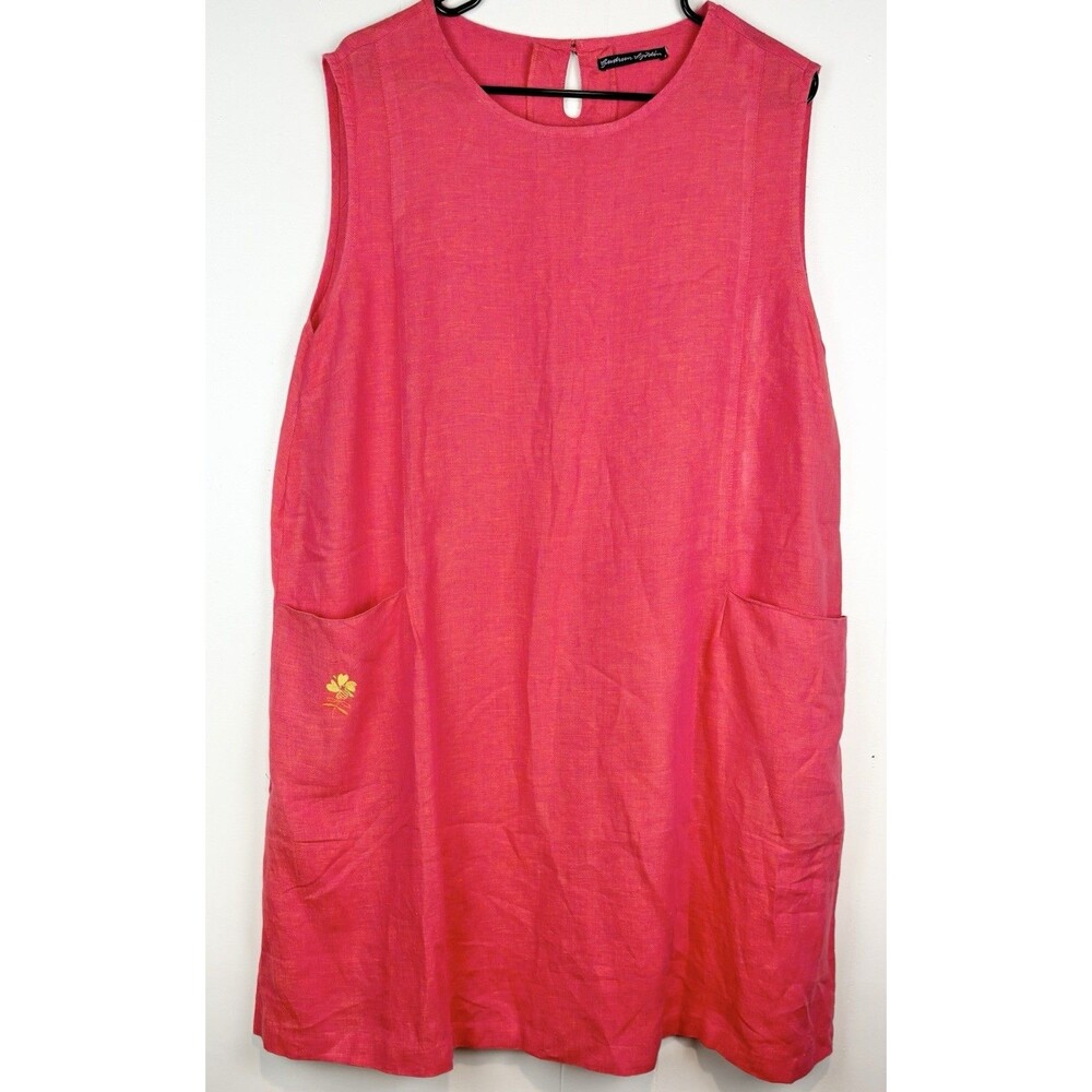 Gundrum Sjoden Dress 100% Linen Lagenlook Natural Earthy Pink Embroidered, M/L